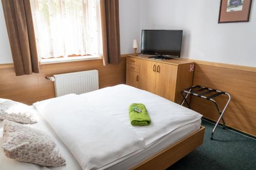 Un dormitorio con una cama con una bolsa verde. en Hotel Beskid, en Bielsko-Biala