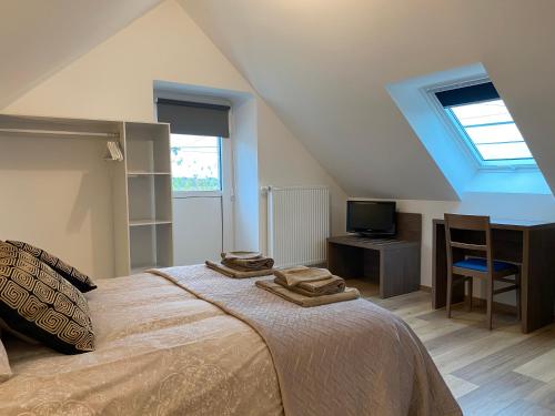 Dormitorio con cama, escritorio y TV en LA GIENDROTAIS, en Corseul