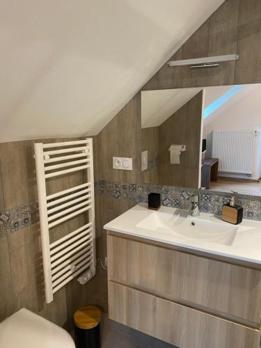 een badkamer met een wastafel en een spiegel bij LA GIENDROTAIS in Corseul