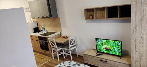 a living room with a tv and a kitchen at Marius Studio in Braşov