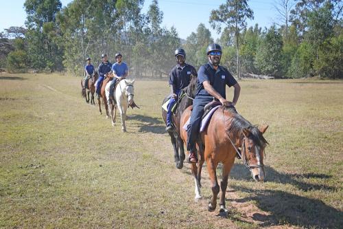 a group of police officers riding on horses in a field at ATKV Klein-Kariba in Bela-Bela