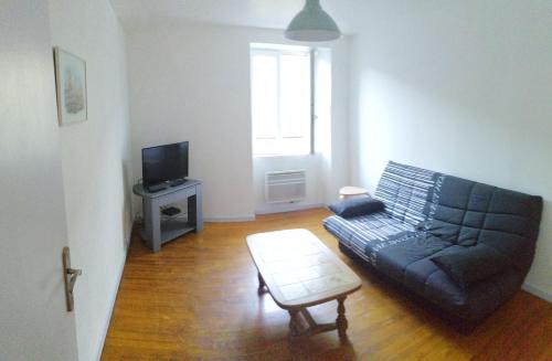 a living room with a couch and a tv at la violette in Ferrières-Saint-Mary
