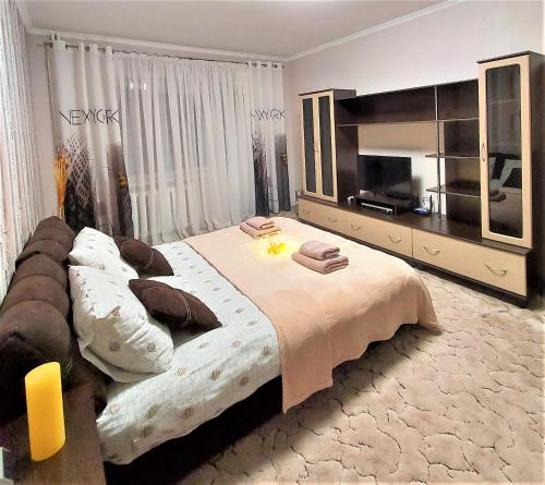 a bedroom with a large bed and a television at Атмосферная 1-к квартира м Левобережная in Kyiv