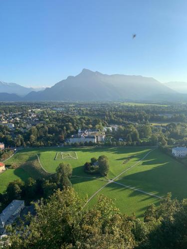 an aerial view of a park with a soccer field at Apartmenthaus Hinterer in Bad Goisern
