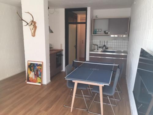 聖安德里斯伯格的住宿－Roter Bär im Quellenweg，一间厨房,里面配有一张蓝色的桌子