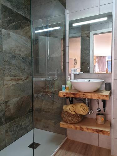 a bathroom with a sink and a glass shower at Apartamento El sarrio in Candanchú