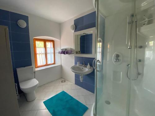 y baño azul y blanco con ducha y lavabo. en Holiday Home Hauser en Vrbanj