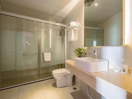 uma casa de banho com um lavatório, um WC e um chuveiro em GreenTree Inn Changzhou Xixiasu Town Express Hotel em Luoxi