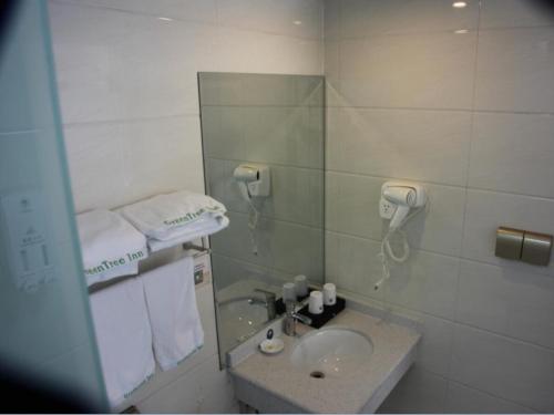 a bathroom with a sink and a mirror at GreenTree Inn Zaozhuang High Speed Rail Station Express Hotel in Taozhuang