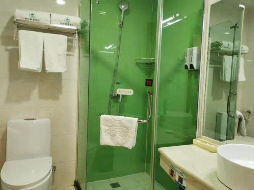 a green bathroom with a toilet and a glass shower at GreenTree Xining Chengzhong Area Dongguan Street Street Hotel in Xining