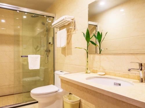 a bathroom with a toilet and a sink and a shower at GreenTree Inn JiangSu Wuxi Jiangyin Huashi Avenue Huaxi Village Business Hotel in Jiangyin