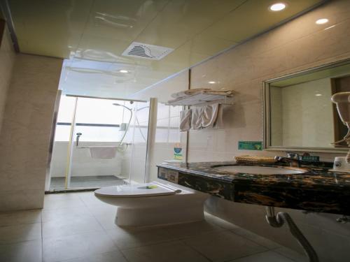 a bathroom with a sink and a toilet and a mirror at GreenTree Inn JiangSu WuXi YangJian XiHu Road Express Hotel in Wuxi