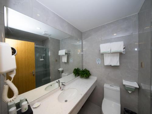 ein Badezimmer mit einem Waschbecken, einem WC und einem Spiegel in der Unterkunft GreenTree Inn Qionghai Boao Railway Station Business Hotel in Qionghai