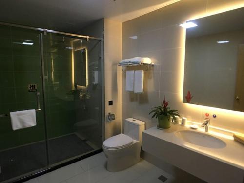 a bathroom with a shower and a toilet and a sink at GreenTree Inn Shaoxing Binhai New City Dongsen Commercial Square Hotel in Shaoxing