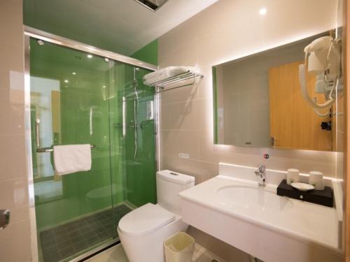 a bathroom with a toilet and a shower and a sink at GreenTree Inn Binzhou Yangxin County Bus Station Lubei Da Market Business Hotel in Binzhou