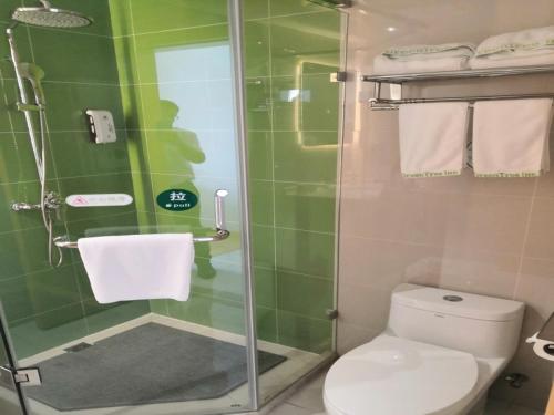 a bathroom with a toilet and a glass shower at GreenTree Inn Shanghai Jinshan District Wanda Plaza Longhao Road Express Hotel in Nanhui