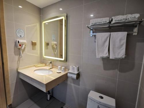 a bathroom with a sink and a mirror and a toilet at GreenTree Inn Bozhou Chunyu Motor City Express Hotel in Bozhou