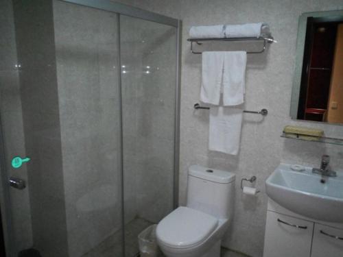 a bathroom with a shower and a toilet and a sink at GreenTree Inn Anhui Chuzhou International Market Place Express Hotel in Chuzhou