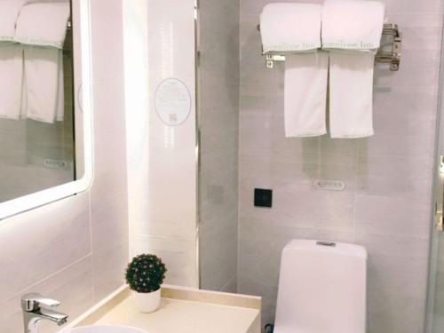 a bathroom with a toilet and a sink and towels at GreenTree Inn Suzhou Dangshan Yanxi Road Hotel in Dangshan