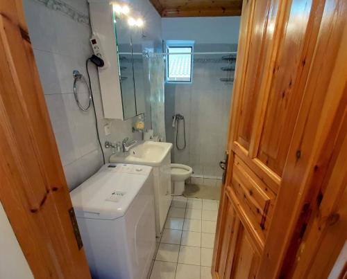 a small bathroom with a toilet and a sink at Studio Spartochori in Meganisi