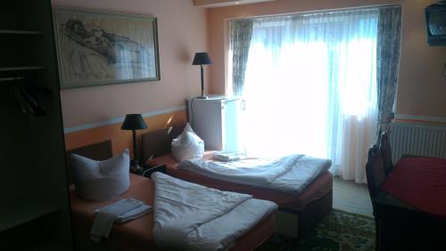 a hotel room with two beds and a window at Pension Lada in Karlovy Vary