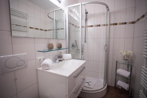 a bathroom with a sink and a shower and a toilet at Alpenglühen Whg. 21 in Garmisch-Partenkirchen