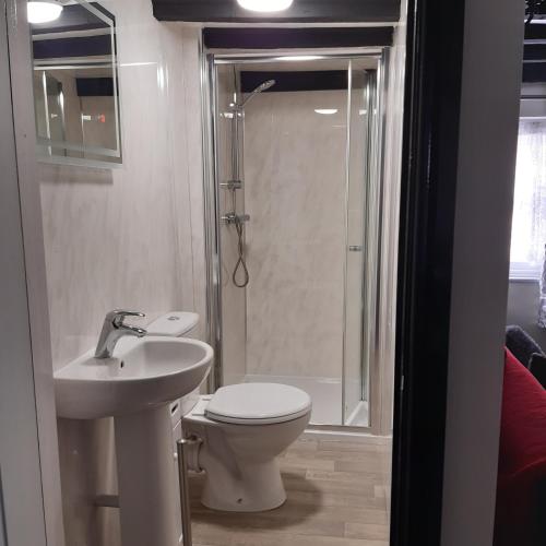 a bathroom with a toilet and a sink and a shower at The Saracens Head Old Lounge in Skegness