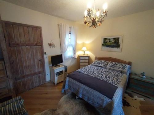 a bedroom with a bed and a television and a chandelier at Chalé dos Alpes II em Monte Verde in Monte Verde