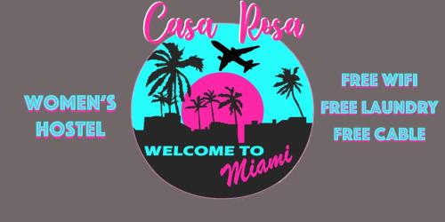 a sign for a hotel with palm trees and an airplane at Casa Rosa All Women's Hostel in Miami