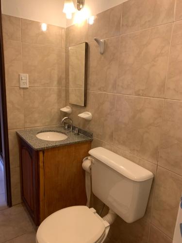 ein Badezimmer mit Toilette und Waschbecken in der Unterkunft Cabañas Bosques del Centro in Mina Clavero