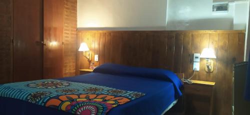 1 dormitorio con 1 cama azul y teléfono en Apartamento Agustín, en San Bernardo