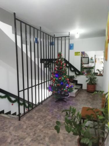 a christmas tree in a room with a staircase at HOTEL ANAPOIMA PLAZA IN in Anapoima