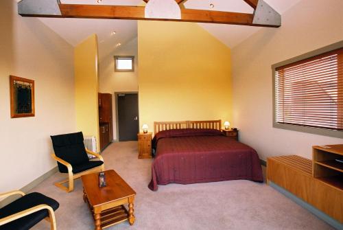 1 dormitorio con 1 cama, 1 silla y 1 mesa en Taranaki Country Lodge, en New Plymouth