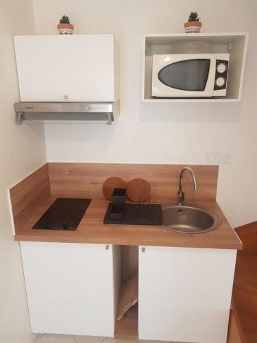 cocina con fregadero y microondas en F2 duplex standing de 35 m2 à 3 min du canal de l'ourcq en Tremblay En France