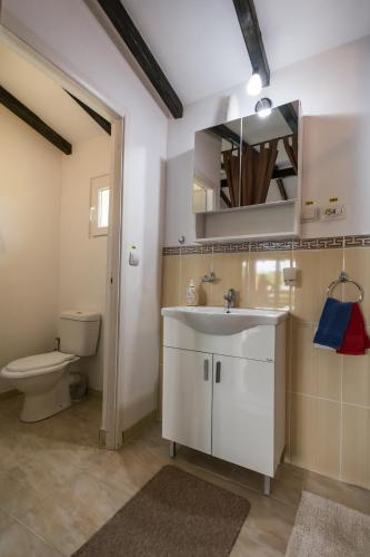 a bathroom with a white sink and a toilet at Casa cu Muri in Târgu Ocna