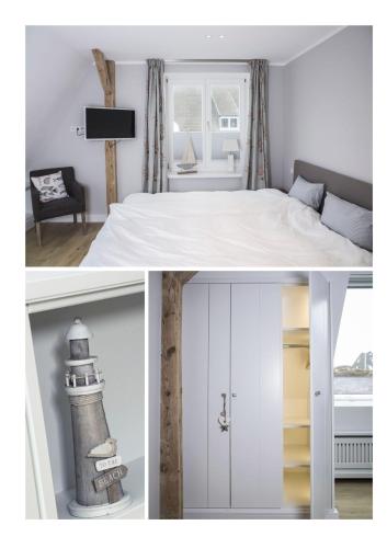 two images of a bedroom with a bed and a lighthouse at Stroen-Hues in Hörnum