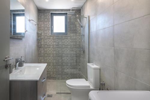 uma casa de banho com um WC, um lavatório e um chuveiro em Villa Sofia em Áyios Konstandínos