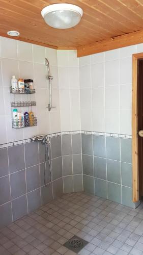 a bathroom with a shower in a room at Kauppilan Rantasauna in Ikaalinen
