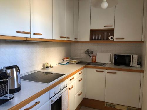 kuchnia z białymi szafkami i blatem w obiekcie City Apartments Klinikum w mieście Klagenfurt