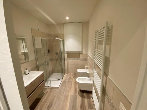 加爾達的住宿－Appartamenti Villa Andrea，一间带水槽、卫生间和淋浴的浴室