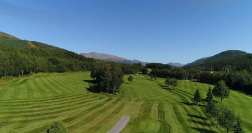 an aerial view of a green field with trees and mountains at Molde Vandrerhjem Hostel in Molde