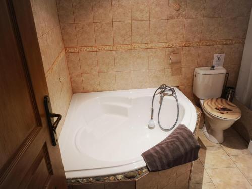 La salle de bains est pourvue d'une baignoire et de toilettes. dans l'établissement Nid douillet en Foret de Broceliande, à Ploërmel