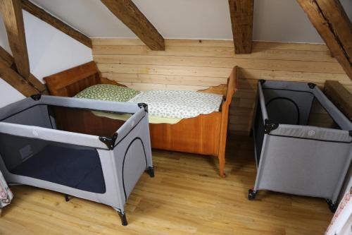 an overhead view of a bedroom with a bed and a tv at Ferienhaus Schreinerhaus in Viechtach