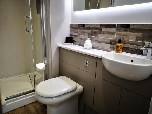 uma casa de banho com um lavatório, um WC e um espelho. em Lossiemouth House em Lossiemouth