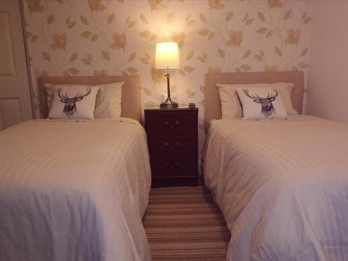 a bedroom with two beds and a lamp on a night stand at Lossiemouth House in Lossiemouth