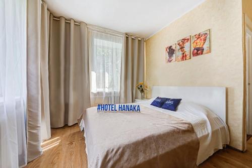 モスクワにあるApartment Hanaka Mesherskiy 8のベッドルーム1室(ベッド1台、大きな窓付)