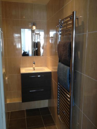 une salle de bain avec un lavabo et un miroir dans l'établissement Flore, à Juan-les-Pins