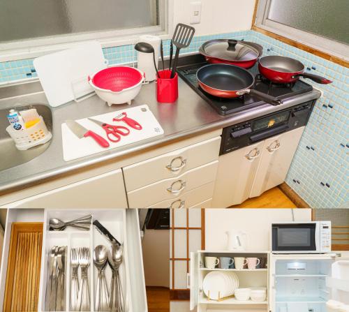 a kitchen counter with pots and pans and utensils at Yufu-no-yu Shiki Iyashi in Yufuin