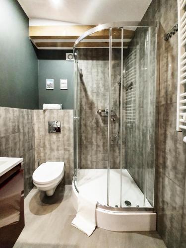 a bathroom with a shower and a toilet at Kamienica Morska Gdynia in Gdynia
