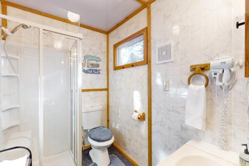 a bathroom with a shower and a toilet at Catfish Cottage B in Eagle River